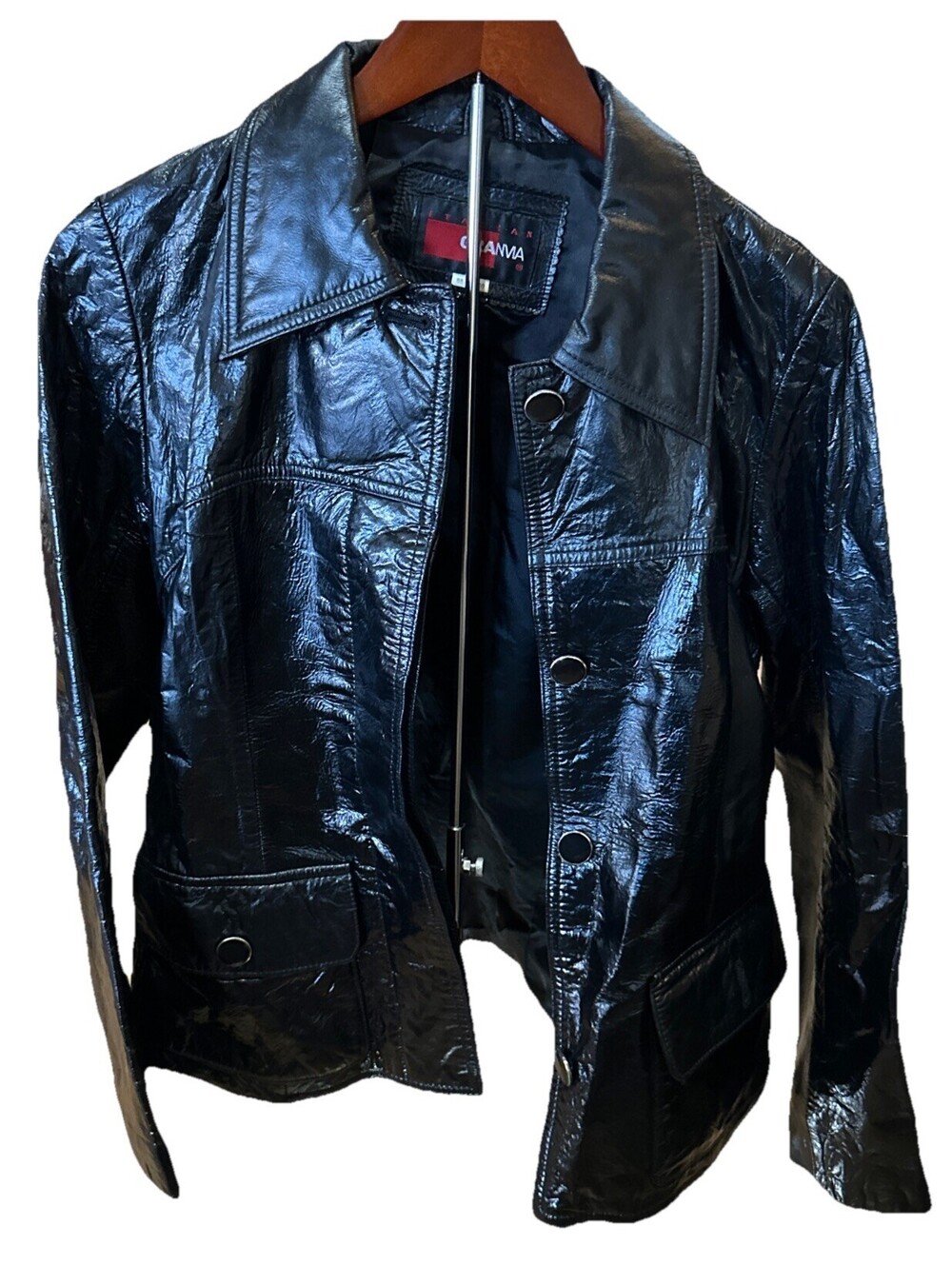 Grama Italy Women’s Black Leather Jacket Y2K Button Front